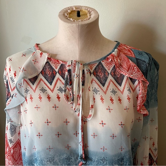 BCBGMAXAZRIA Ruffle Sleeve Long Sleeve Blouse with Boho Print - Picture 3 of 7